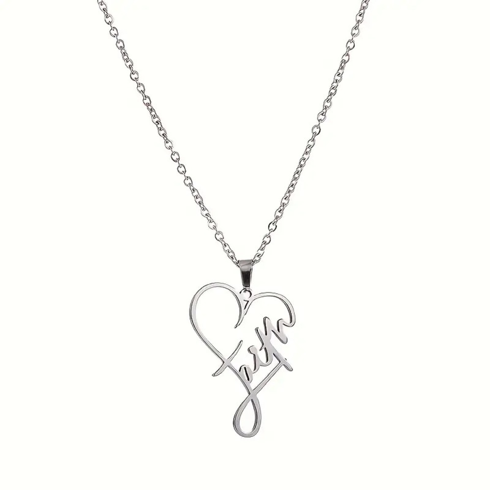 New Silver Stainless Steel Christian Faith Cursive Heart Minimalist Necklace - Picture 2 of 15